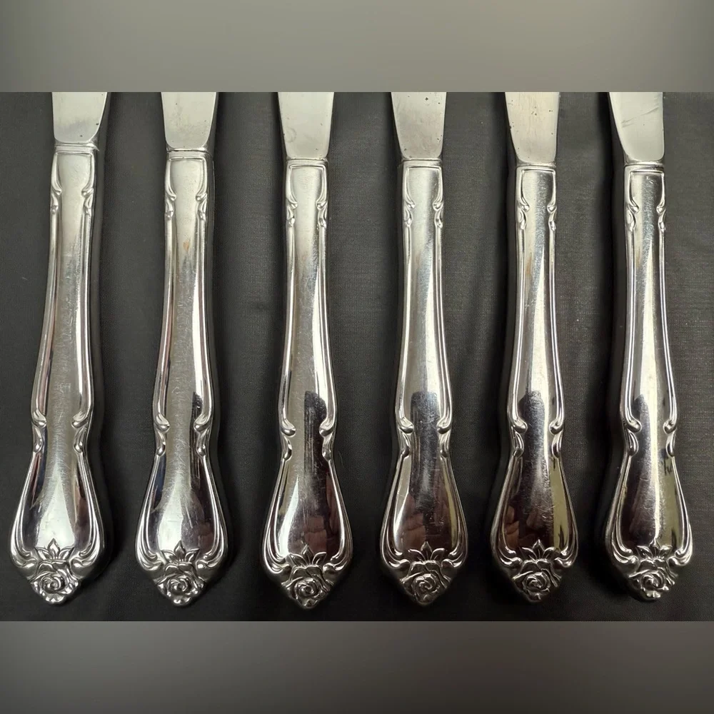 Vtg ONEIDA Arbor Rose True Rose Stainless‎ Floral Handle Knives Hollow Set of 6